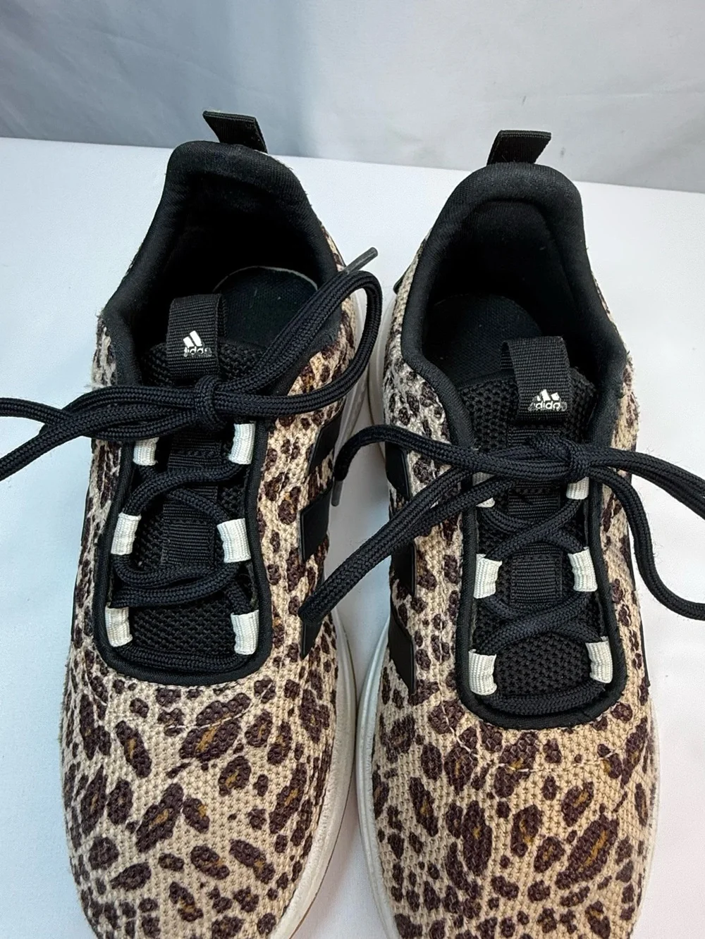 adidas Leopard Print Sneakers Kids Junior Size 2.5 Black, Brown & White G-VGUC